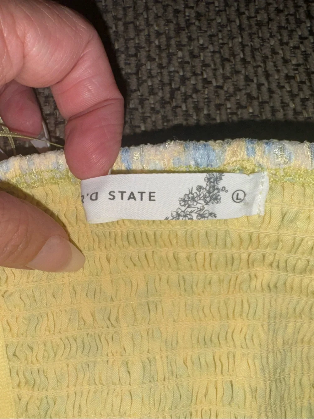 Altar'd State Yellow Strapless Floral Crop Top with Blue Accents